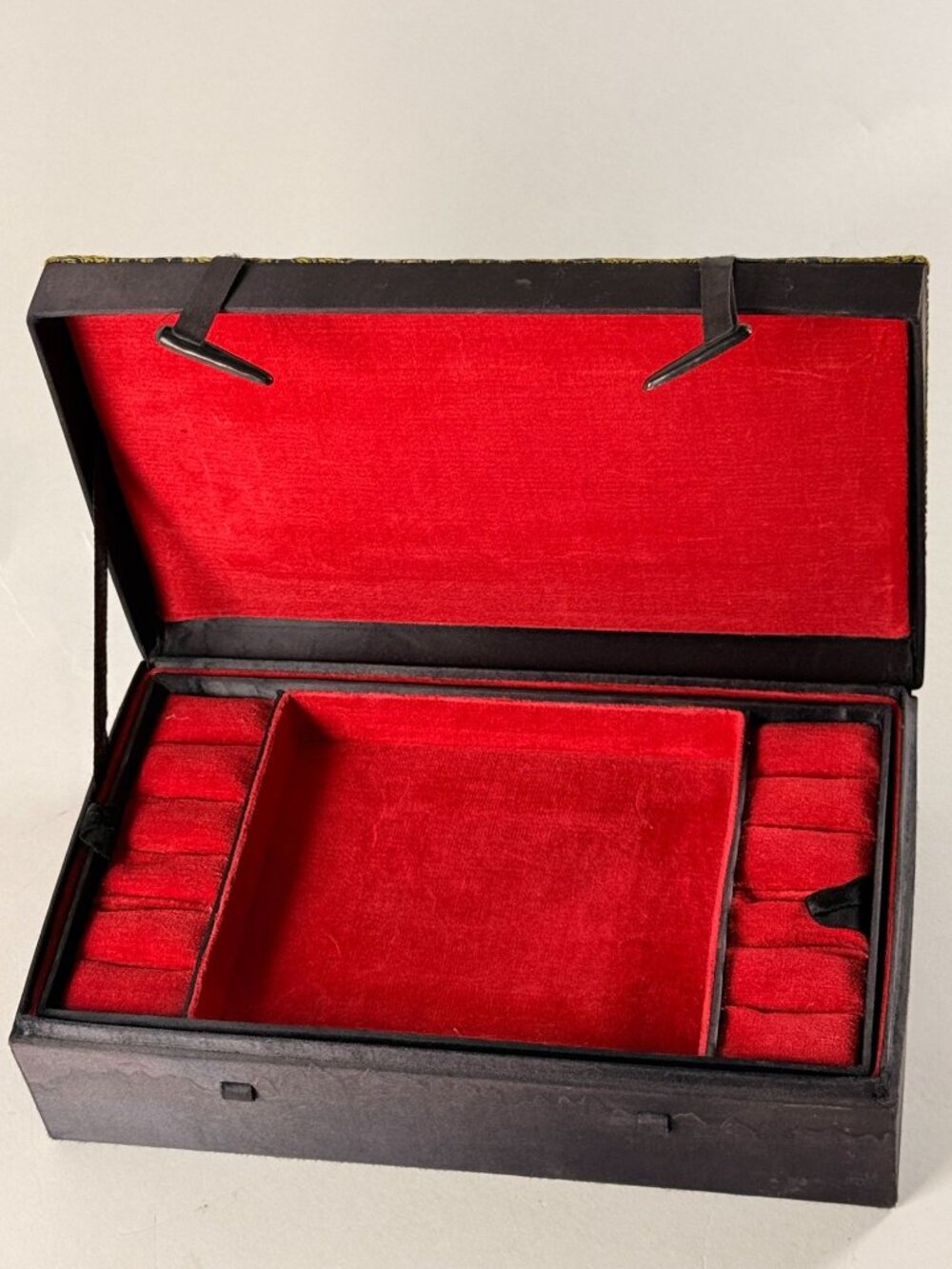 Vintage Asian Silk Top Jewelry Box Gold Floral & Dragon Design Red Velvet Lined